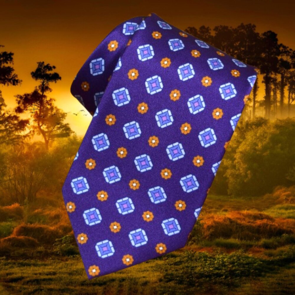 $550 BRIONI Purple Blue Orange Foulard Formal Medallion Geometric Silk Tie Italy
